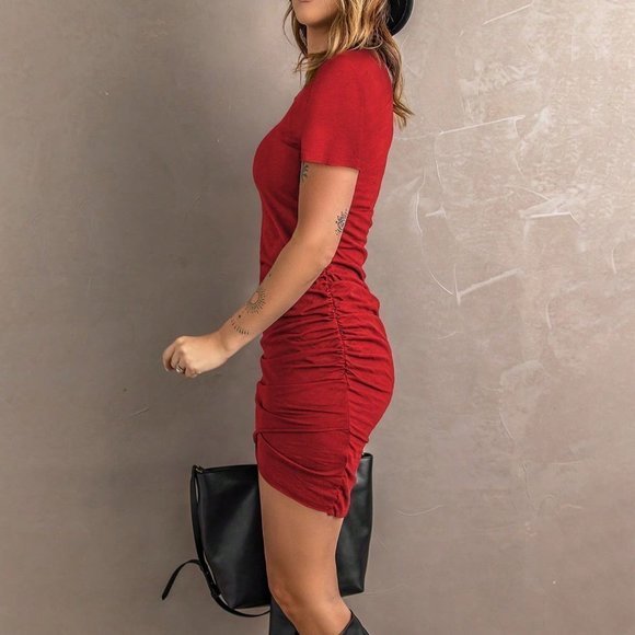 Casual Ruched Tulip Hem Dress Red - Picture 4 of 5